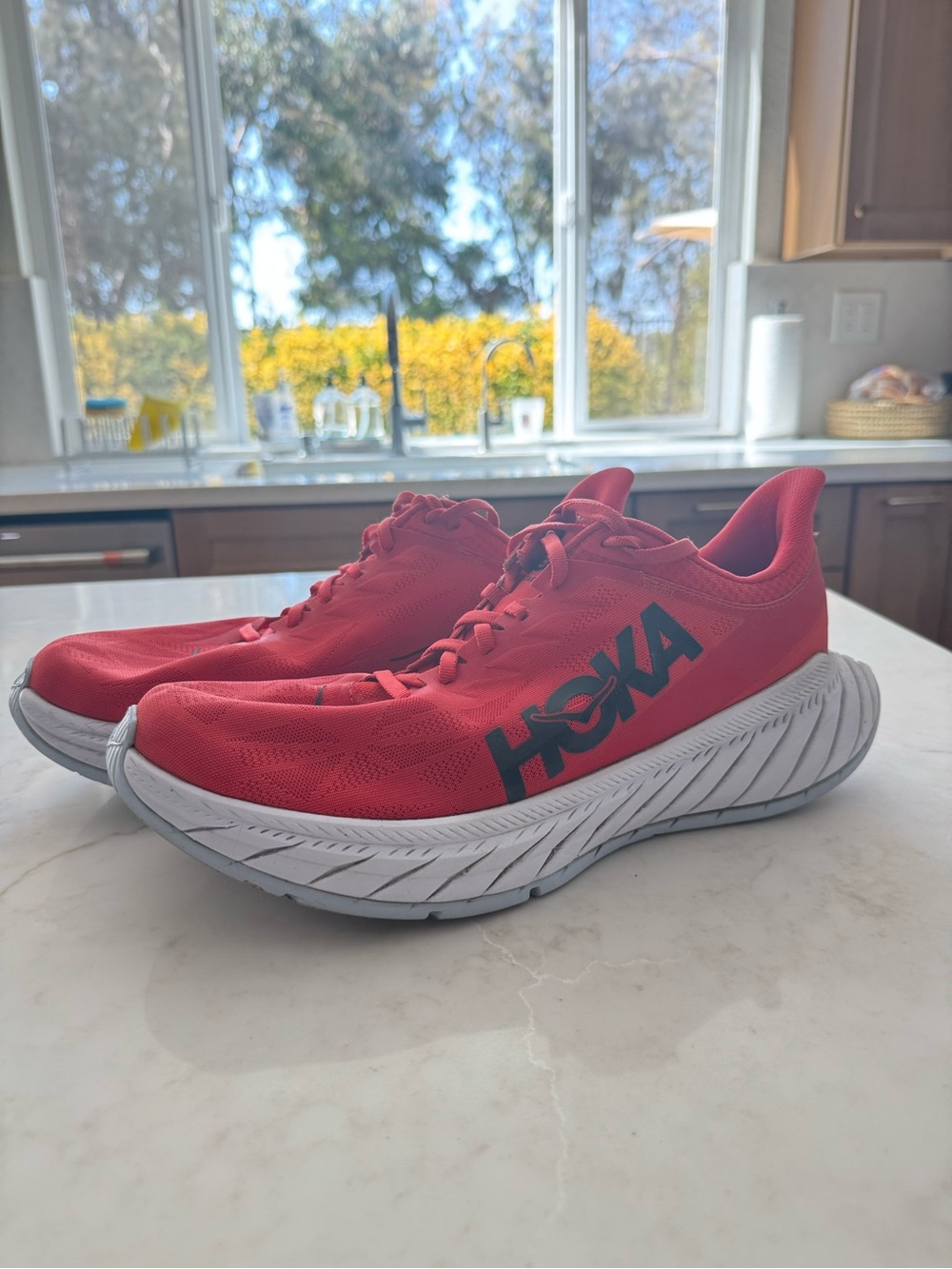 Hoka One One Men’s Red Athletic Running Shoes with White Midsole